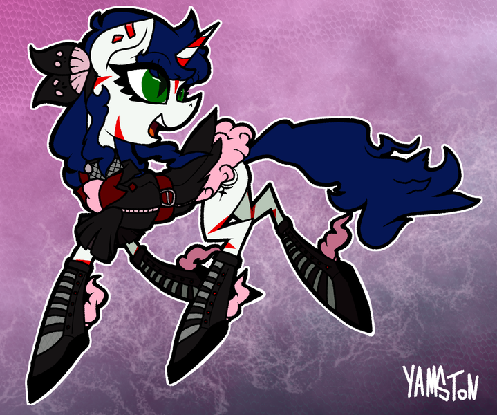 Size: 1474x1230 | Tagged: safe, artist:yamston, derpibooru import, oc, oc:yancy greenfield, unofficial characters only, pony, unicorn, fanfic:living the dream, 2023, blue mane, boots, clothes, digital art, ear piercing, fanfic art, female, goth, green eyes, image, mare, older, parent:oc:lance greenfield, parent:oc:yamston crowe, parents:oc x oc, piercing, png, red stripes, shoes, signature, slit pupils, solo