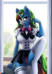 Size: 2807x3970 | Tagged: suggestive, artist:lifejoyart, ponerpics import, oc, unofficial characters only, anthro, bikini, bikini bottom, breasts, clothes, female, image, jpeg, looking at you, school uniform, skirt, socks, swimsuit