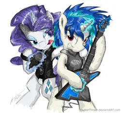 Size: 1000x933 | Tagged: safe, artist:flutterthrash, derpibooru import, rarity, vinyl scratch, pony, unicorn, 2014, anthrax, clothes, duo, duo female, electric guitar, eyeshadow, female, g4, glam metal, glam rock, grin, guitar, hard rock, heavy metal, horn, image, looking at you, magic, makeup, mare, microphone, musical instrument, open mouth, png, rock (music), shirt, signature, simple background, smiling, telekinesis, white background
