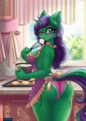 Size: 1985x2806 | Tagged: suggestive, artist:lifejoyart, ponerpics import, oc, unofficial characters only, anthro, apron, bikini, breasts, butt, clothes, female, image, jpeg, looking at you, looking back, swimsuit