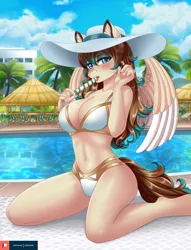 Size: 1446x1890 | Tagged: suggestive, artist:lifejoyart, ponerpics import, oc, oc:amora bunny, unofficial characters only, anthro, bikini, breasts, clothes, female, hat, image, jpeg, looking at you, swimsuit