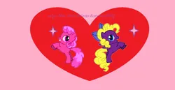 Size: 900x464 | Tagged: safe, artist:arts48, derpibooru import, ponified, earth pony, pegasus, pony, best friends, best friends forever, bow, crossover, duo, female, filly, foal, freckles, g4, grin, hair bow, heart, image, jammbonian, jammbonian pony, jelly jamm, jpeg, open mouth, open smile, phineas and ferb, pink background, purple text, rearing, rita (jelly jamm), rule 85, simple background, smiling, sparkles, suzy johnson, text