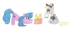 Size: 2724x1126 | Tagged: safe, artist:ponycolton, derpibooru import, derpy hooves, izzy moonbow, pegasus, unicorn, g5, clipboard, cute, cutie mark, delivery, delivery pony, derpabetes, duo, duo female, female, g4, hat, image, mailmare, mailmare hat, mailmare uniform, mlp fim's thirteenth anniversary, paper, png, present, simple background, white background