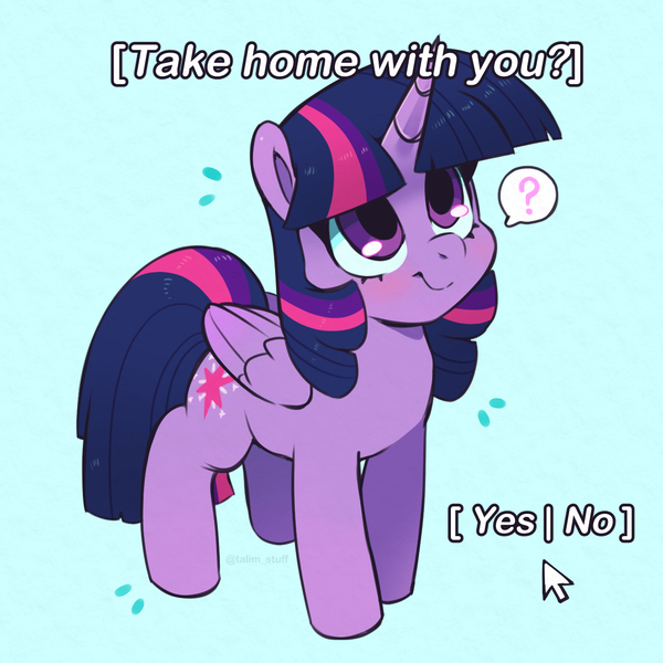 Size: 1275x1275 | Tagged: safe, artist:talimingi, derpibooru import, twilight sparkle, twilight sparkle (alicorn), alicorn, pony, blue background, blushing, cursor, cute, emanata, female, image, jpeg, looking up, mare, question mark, simple background, smiling, solo, speech bubble, twiabetes