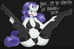 Size: 2500x1651 | Tagged: suggestive, artist:flutterthrash, derpibooru import, rarity, anthro, unicorn, black background, blushing, bra, breasts, busty rarity, cleavage, clothes, female, g4, grammar error, horn, image, open mouth, panties, png, simple background, socks, solo, solo female, spread legs, spreading, stockings, stretching, tail, thigh highs, underwear