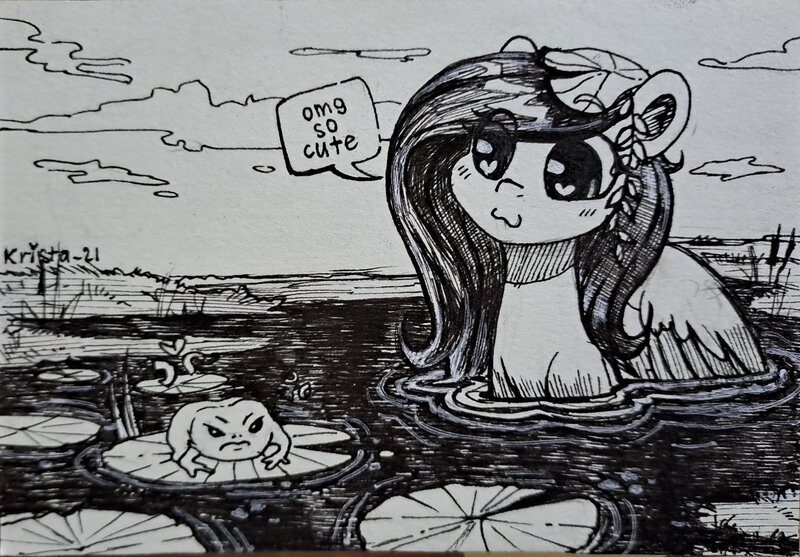 Size: 2048x1425 | Tagged: safe, artist:krista-21, derpibooru import, fluttershy, pegasus, pony, toad, :3, black and white, cute, dialogue, eye clipping through hair, female, grayscale, heart, heart eyes, image, inktober, jpeg, lilypad, mare, monochrome, shyabetes, smiling, solo, speech bubble, swamp, traditional art, wet, wet mane, wingding eyes