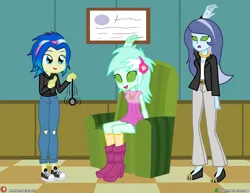 Size: 4000x3090 | Tagged: safe, artist:dieart77, derpibooru import, lyra heartstrings, oc, oc:blissful trance, oc:spiral swirl, equestria girls, chair, clothes, commission, denim, goggles, hoodie, hypnosis, hypnotist, hypnotized, image, jeans, jewelry, jpeg, pants, pendant, swirly eyes