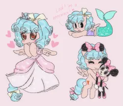 Size: 1935x1675 | Tagged: safe, artist:cozyglow, derpibooru import, cozy glow, mermaid, pony, blue hair, blushing, bow, clothes, costume, cute, disney, disneyland, dress, female, filly, foal, hair bow, happy, image, minnie mouse, png, princess, red eyes, simple background, smiling, solo, sparkles