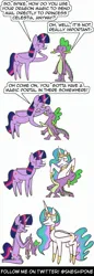 Size: 1000x2900 | Tagged: safe, artist:sneshpone, derpibooru import, princess celestia, spike, twilight sparkle, twilight sparkle (alicorn), alicorn, dragon, pony, comic, dialogue, image, jpeg, wat