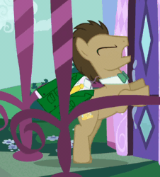 Size: 352x389 | Tagged: safe, derpibooru import, screencap, doctor whooves, time turner, earth pony, pony, slice of life (episode), animated, bipedal, bipedal leaning, bowtie, carousel boutique, clothes, cropped, eyes closed, gif, image, invisible mare, leaning, male, out of context, solo, stallion, thrusting