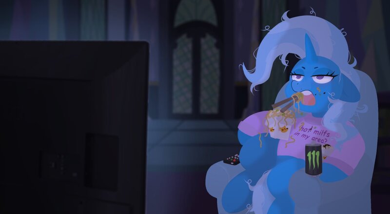 Size: 1409x773 | Tagged: safe, artist:c4n4ry0nl1n3, derpibooru import, trixie, pony, unicorn, chair, chinese food, chopsticks, clothes, drink, energy drink, food, image, jpeg, levitation, lidded eyes, magic, messy eating, messy mane, monster energy, noodles, recliner, remote control, shirt, solo, telekinesis, television