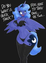 Size: 2000x2727 | Tagged: suggestive, artist:flutterthrash, derpibooru import, princess luna, alicorn, anthro, bedroom eyes, black background, black bra, black panties, black underwear, bra, breasts, clothes, dialogue, female, fishnets, g4, grope, horn, image, looking sideways, open mouth, open smile, panties, png, s1 luna, self grope, simple background, smiling, socks, solo, solo female, spread wings, stockings, tail, thigh highs, thighs, thunder thighs, underwear, wings