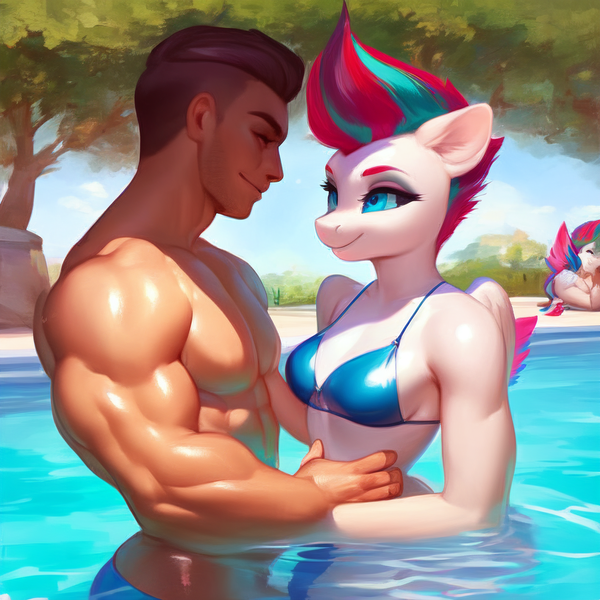 Size: 3072x3072 | Tagged: suggestive, derpibooru import, machine learning generated, stable diffusion, zipp storm, anthro, human, pegasus, g5, ai content, bikini, bikini babe, bikini top, bra, breasts, clothes, generator:pony diffusion v5, human and pony, image, looking at each other, looking at someone, muscles, png, sexy, shipping, swimming pool, swimsuit, tree, underwear, waifu stealing