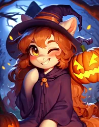 Size: 800x1024 | Tagged: safe, derpibooru import, machine learning generated, stable diffusion, anthro, unguligrade anthro, ai content, beautiful, blushing, child, cute, female, generator:purplesmart.ai, grin, halloween, happy, hat, holiday, image, jpeg, long hair, looking at you, night, one eye closed, prompter:diego96, pumpkin, smiling, solo, wink, witch costume, witch hat