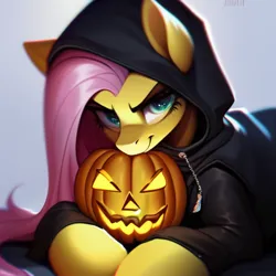 Size: 512x512 | Tagged: safe, derpibooru import, machine learning generated, stable diffusion, fluttershy, pony, ai content, clothes, female, generator:purplesmart.ai, halloween, holiday, hoodie, image, jack-o-lantern, png, prompter:tarlek, pumpkin, smiling, smirk, solo