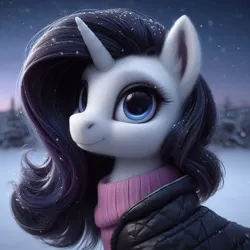 Size: 1024x1024 | Tagged: safe, machine learning generated, ponerpics import, ponybooru import, rarity, pony, unicorn, ai content, bing, clothes, female, fluffy, image, jpeg, mare, snow, solo, winter, winter outfit