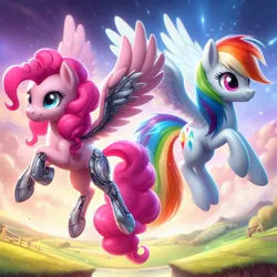 Size: 1024x1024 | Tagged: safe, machine learning generated, ponerpics import, ponybooru import, pinkie pie, rainbow dash, cyborg, cyborg pony, earth pony, pegasus, pony, ai content, alternate cutie mark, artificial wings, augmented, bing, duo, female, flying, image, jpeg, mare, wings