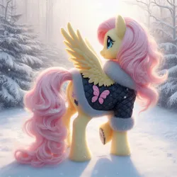 Size: 1024x1024 | Tagged: safe, machine learning generated, ponerpics import, ponybooru import, fluttershy, pegasus, pony, ai content, bing, butt, clothes, cutie mark, cutie mark on clothes, female, fluffy, image, jpeg, mare, plot, snow, solo, tree, winter outfit
