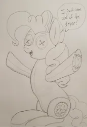 Size: 1409x2048 | Tagged: safe, artist:legendoflink, derpibooru import, pinkie pie, earth pony, original species, plush pony, pony, dialogue, female, grayscale, image, jpeg, mare, monochrome, open mouth, open smile, pencil drawing, pinktober, plushie, sitting, smiling, solo, traditional art, underhoof