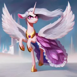 Size: 768x768 | Tagged: safe, machine learning generated, ponerpics import, ponybooru import, stable diffusion, oc, oc:princess zenobia, alicorn, ai content, anatomically incorrect, clothes, dress, fanfic art, image, jpeg, looking at you, pink eyes, scowl