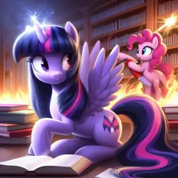Size: 1024x1024 | Tagged: safe, machine learning generated, ponerpics import, ponybooru import, pinkie pie, twilight sparkle, twilight sparkle (alicorn), alicorn, earth pony, pony, ai content, alternate cutie mark, anatomically incorrect, bing, book, duo, female, fire, fire extinguisher, image, jpeg, library, looking back, magic, mare
