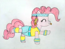 Size: 4032x3016 | Tagged: safe, artist:jakusi, ponerpics import, pinkie pie, earth pony, pony, /pnk/, arm band, clothes, dancing, eyes closed, feather, female, headband, image, jpeg, leg warmers, mare, pinktober, solo, traditional art, workout, workout outfit