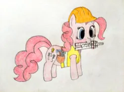 Size: 4032x3016 | Tagged: safe, artist:jakusi, ponerpics import, pinkie pie, earth pony, pony, /pnk/, bag, clothes, female, hammer, hard hat, hat, high visibility clothing, image, jpeg, mare, mouth hold, pinktober, reflective vest, screwdriver, slide rule, solo, traditional art, vest, wrench