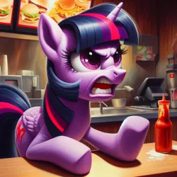 Size: 1024x1024 | Tagged: safe, derpibooru import, machine learning generated, twilight sparkle, twilight sparkle (alicorn), alicorn, pony, ai content, angry, burger, female, food, generator:bing image creator, image, jpeg, ketchup, mare, menu, open mouth, restaurant, sauce, scowl, solo, tantrum, wrong cutie mark