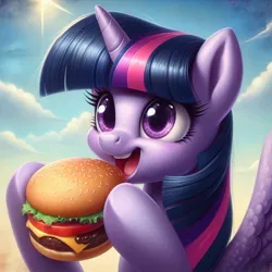 Size: 1024x1024 | Tagged: safe, derpibooru import, machine learning generated, twilight sparkle, twilight sparkle (alicorn), alicorn, pony, ai content, burger, cute, eating, excited, female, food, generator:bing image creator, happy, hoof hold, image, jpeg, mare, meat, open mouth, open smile, ponies eating meat, sky, smiling, solo, sun, that pony sure does love burgers, twiabetes, twilight burgkle