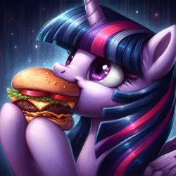 Size: 1024x1024 | Tagged: safe, derpibooru import, machine learning generated, twilight sparkle, twilight sparkle (alicorn), alicorn, pony, ai content, burger, cute, eating, female, food, generator:bing image creator, happy, image, jpeg, majestic as fuck, mare, meat, ponies eating meat, solo, stars, twilight burgkle