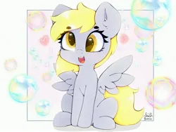 Size: 4000x3000 | Tagged: safe, artist:zokkili, derpibooru import, derpy hooves, pegasus, pony, beanbrows, bubble, cute, derp, derpabetes, ear fluff, eyebrows, eyebrows visible through hair, female, g4, heart, high res, image, jpeg, mare, open mouth, open smile, signature, sitting, smiling, solo, sparkles, spread wings, wings