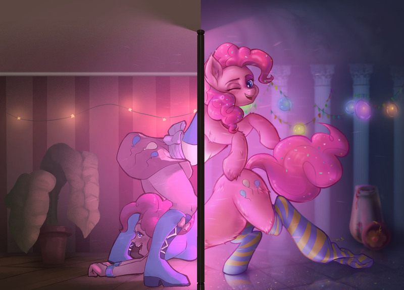 Size: 1966x1412 | Tagged: safe, artist:haku nichiya, artist:polnocnykot, derpibooru import, pinkie pie, earth pony, human, pony, reverse satyr, equestria girls, balloon, blue eyes, boots, bow, bracelet, clothes, collaboration, column, confetti, costume, cute, cutie mark, cutie mark on clothes, decoration, detailed background, duality, duo, duo female, face down ass up, female, garland, glow, happy, human ponidox, human to pony, image, jewelry, jpeg, leapfrog, looking at each other, looking at someone, magic, mirror, one eye closed, open mouth, open smile, party, party cannon, plant, pony to human, portal, reflection, self paradox, self ponidox, shirt, shoes, skirt, smiling, smirk, socks, stockings, striped socks, t-shirt, tail, teeth, thigh highs, transformation