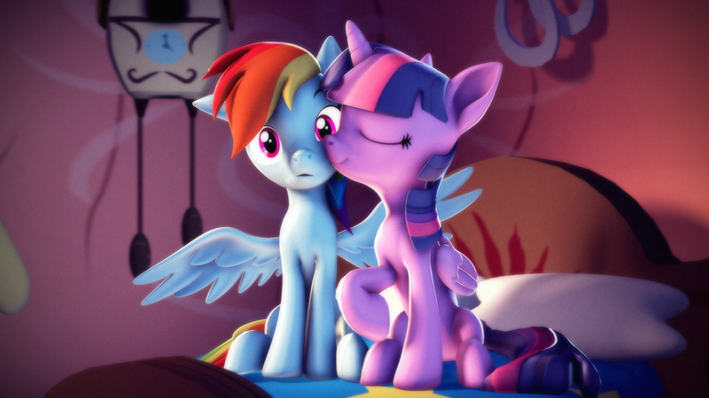 Size: 3840x2160 | Tagged: safe, artist:psfmer, derpibooru import, rainbow dash, twilight sparkle, twilight sparkle (alicorn), alicorn, pegasus, pony, 3d, bed, duo, duo female, eyes closed, female, folded wings, g4, high res, horn, image, indoors, lesbian, mare, on bed, png, ponytober, raised hoof, shipping, sitting, smiling, source filmmaker, spread wings, twidash, wings