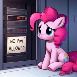 Size: 1024x1024 | Tagged: safe, derpibooru import, machine learning generated, pinkie pie, earth pony, pony, ai content, cute, derpibooru exclusive, diapinkes, female, generator:dall-e 3, image, jpeg, mare, no fun allowed, prompter:siber, sad, sadorable, server, sign, sitting, solo