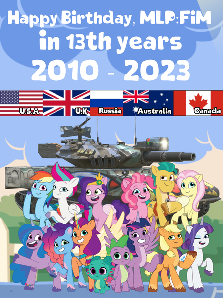 Size: 768x1024 | Tagged: safe, artist:edy_january, artist:prixy05, derpibooru import, editor:edy_january, applejack, fluttershy, hitch trailblazer, izzy moonbow, pinkie pie, pipp petals, rainbow dash, rarity, sparky sparkeroni, spike, sunny starscout, twilight sparkle, twilight sparkle (alicorn), zipp storm, alicorn, dragon, earth pony, pegasus, pony, unicorn, g5, my little pony: tell your tale, 2010, 2023, american flag, anniversary, australia, baby, baby dragon, birthday, british, canada, flag, g4, group, hitch and his 2nd heroine, hitch and his heroine, image, izzy and her heroine, mane six, misty and her heroine, misty brightdawn, mlp fim's tenth anniversary, national flag, netflix, pipp and her heroine, png, poster, reunion, russia, russian flag, simple background, sparky and his hero, sunny and her heroine, tank (vehicle), united kingdom, united states, vector used, xm551 sheridan, youtube, zipp and her heroine