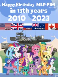 Size: 768x1024 | Tagged: safe, artist:edy_january, artist:prixy05, derpibooru import, editor:edy_january, applejack, fluttershy, hitch trailblazer, izzy moonbow, pinkie pie, pipp petals, rainbow dash, rarity, sparky sparkeroni, spike, sunny starscout, twilight sparkle, twilight sparkle (alicorn), zipp storm, alicorn, dragon, earth pony, pegasus, pony, unicorn, g5, my little pony: tell your tale, 2010, 2023, american flag, anniversary, australia, baby, baby dragon, birthday, british, canada, flag, g4, group, hitch and his 2nd heroine, hitch and his heroine, image, izzy and her heroine, mane six, misty and her heroine, misty brightdawn, mlp fim's tenth anniversary, national flag, netflix, pipp and her heroine, png, poster, reunion, russia, russian flag, simple background, sparky and his hero, sunny and her heroine, tank (vehicle), united kingdom, united states, vector used, xm551 sheridan, youtube, zipp and her heroine