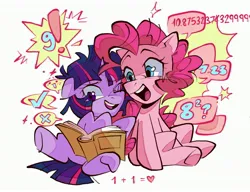 Size: 3248x2500 | Tagged: safe, artist:matterproblem, derpibooru import, pinkie pie, twilight sparkle, earth pony, pony, unicorn, book, duo, duo female, eyebrows, eyebrows visible through hair, female, floppy ears, heart, high res, horn, image, jpeg, lesbian, one eye closed, open mouth, open smile, reading, shipping, simple background, sitting, smiling, twinkie, underhoof, unicorn twilight, white background