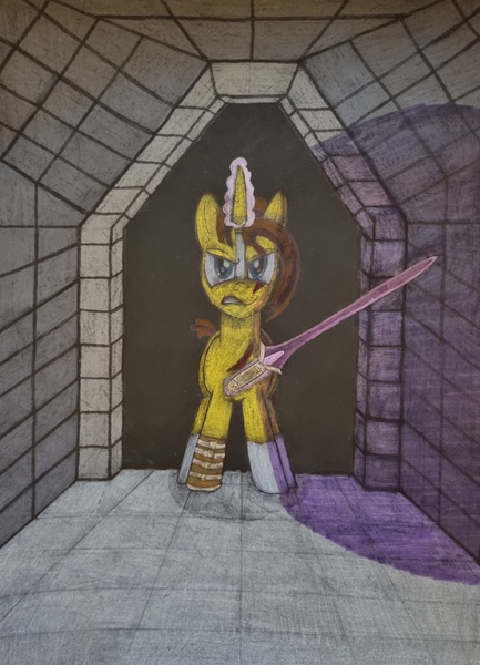 Size: 2912x4032 | Tagged: safe, artist:magicnova, derpibooru import, oc, oc:starfire blaze, pony, unicorn, amputee, archway, blaze (coat marking), coat markings, derpibooru exclusive, eye scar, facial markings, facial scar, hallway, image, jpeg, looking back, magic, magic aura, male, offspring, parent:starlight glimmer, parent:sunburst, parents:starburst, prosthetic leg, prosthetic limb, prosthetics, scar, snarling, socks (coat marking), solo, stallion, story included, sword, telekinesis, this will end in death, this will end in pain, this will end in tears, this will end in tears and/or death, traditional art, weapon