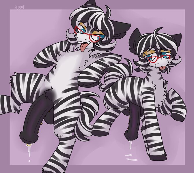 Size: 2048x1829 | Tagged: explicit, artist:puppie, derpibooru import, oc, oc:gooey, unofficial characters only, zebra, balls, genital piercing, glasses, horsecock, image, jpeg, male, males only, nudity, penile piercing, penis, piercing, precum, tongue out