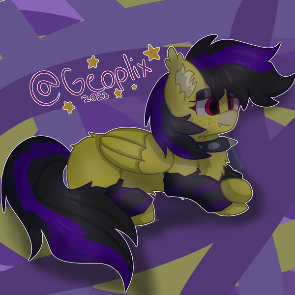 Size: 2000x2000 | Tagged: safe, artist:geo, derpibooru import, oc, oc:banan, bat pony, hybrid, pegasus, chest fluff, clothes, collar, ear fluff, image, leg warmers, lying down, png, simple background, spiked collar, stripe warmers