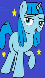 Size: 658x1129 | Tagged: safe, artist:arts48, artist:strat-fim, derpibooru import, ponified, pony, unicorn, base used, blue background, blue text, female, g4, heart, image, jammbonian, jammbonian pony, jelly jamm, mare, mina (jelly jamm), open mouth, open smile, png, ponytail, raised hoof, raised leg, rule 85, simple background, smiling, solo, stars, text