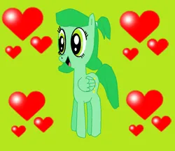 Size: 1018x885 | Tagged: safe, artist:arts48, derpibooru import, ponified, pegasus, pony, female, folded wings, g4, green background, heart, image, jammbonian, jammbonian pony, jelly jamm, mare, open mouth, open smile, png, ponytail, rule 85, simple background, smiling, solo, text, tiana (jelly jamm), wings