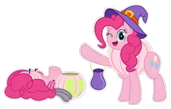 Size: 2081x1334 | Tagged: safe, artist:of-felt-and-cardboard, derpibooru import, pinkie pie, earth pony, pony, bag, clothes, costume, female, halloween, halloween costume, hat, headless, holiday, image, jack-o-lantern, mare, modular, nightmare night, one eye closed, open mouth, open smile, pinkie being pinkie, png, pumpkin, simple background, smiling, sticker, transparent background, waving, wide hips, wink, witch hat