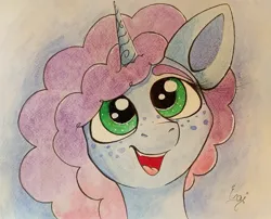 Size: 1791x1445 | Tagged: safe, artist:engi, derpibooru import, pony, unicorn, g5, cute, female, freckles, image, jpeg, looking up, misty brightdawn, open mouth, simple background, solo, traditional art, watercolor painting