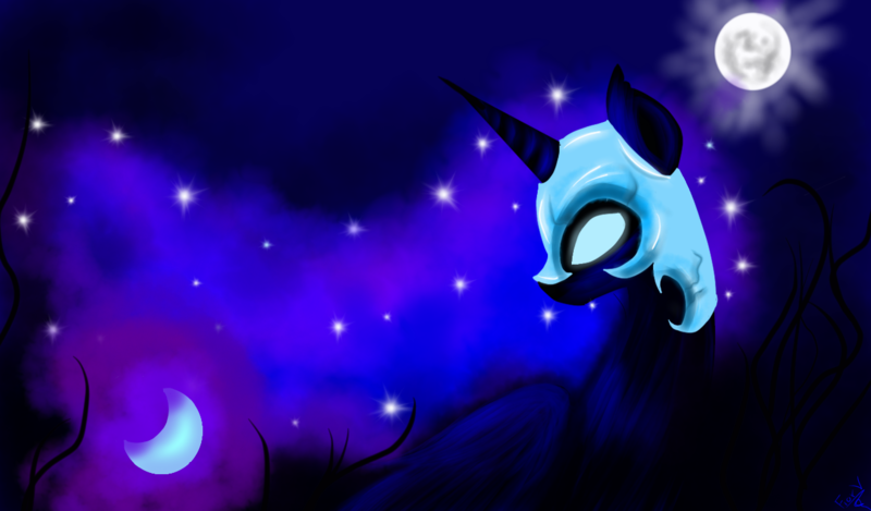 Size: 1280x750 | Tagged: safe, artist:vanezaescobedo, derpibooru import, nightmare moon, alicorn, pony, blank eyes, blue mane, bust, crepuscular rays, digital art, ethereal mane, female, flowing mane, folded wings, g4, grass, helmet, horn, image, mare, moon, moonlight, night, png, portrait, signature, sky, solo, sparkles, starry mane, stars, wings