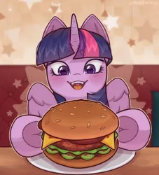 Size: 3000x3300 | Tagged: safe, artist:auroracursed, derpibooru import, twilight sparkle, twilight sparkle (alicorn), alicorn, burger, cute, female, food, heart, heart eyes, image, open mouth, png, solo, that pony sure does love burgers, wingding eyes