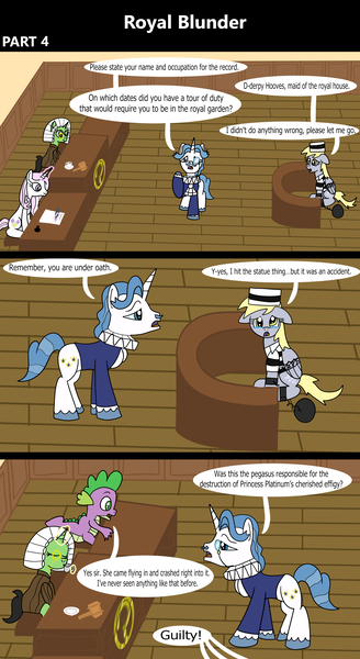 Size: 1920x3516 | Tagged: safe, artist:platinumdrop, derpibooru import, derpy hooves, fancypants, fleur-de-lis, spike, oc, oc:anonfilly, dragon, pegasus, pony, unicorn, comic:royal blunder, 3 panel comic, alternate universe, ankle cuffs, avoiding eye contact, ball and chain, bound wings, chained, chains, clerk, clothes, comic, commission, courtroom, crying, cuffed, cuffs, desk, dialogue, drink, drinking, duo, female, filly, floppy ears, foal, folded wings, food, gavel, glow, glowing horn, hat, horn, image, indoors, judge, justice, law, magic, makeup, male, mare, monocle, offscreen character, open mouth, parchment, pleading, png, prison outfit, prison stripes, prisoner, prosecutor, quill pen, restraints, royal, ruff (clothing), sad, shackles, sitting, speech bubble, suit, talking, tea, telekinesis, testimony, trial, trio, walking, wall of tags, wig, wings, witness, witness stand