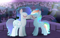 Size: 750x471 | Tagged: safe, artist:hugsartist, derpibooru import, rainbow dash, soarin', pegasus, pony, female, image, jpeg, kiss on the lips, kissing, male, mare, shipping, soarindash, stallion, straight