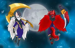 Size: 5497x3508 | Tagged: safe, artist:magikarpii, derpibooru import, oc, oc:brilliant verve, unofficial characters only, anthro, bat pony, hybrid, pegasus, zony, anthro oc, background, clothes, costume, floating, flying, gold, hero, hood, hooves, image, male, mare in the moon, moon, nightmare night, pink eyes, png, pose, scythe, shadowbolts, smiling, space, weapon