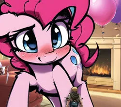 Size: 580x512 | Tagged: safe, derpibooru import, editor:giantpony, machine learning assisted, machine learning generated, novelai, stable diffusion, pinkie pie, oc, human, pony, adorable face, ai content, birthday, birthday party, blushing, child, cute, diapinkes, female, giant pinkie pie, giant pony, giantess, human and pony, human child, image, imminent party, larger female, looking at someone, low angle, macro, macro/micro, male, micro, paint.net, party, perspective, png, sad, sadorable, shrunken, size difference, small human, smaller male, tiny human
